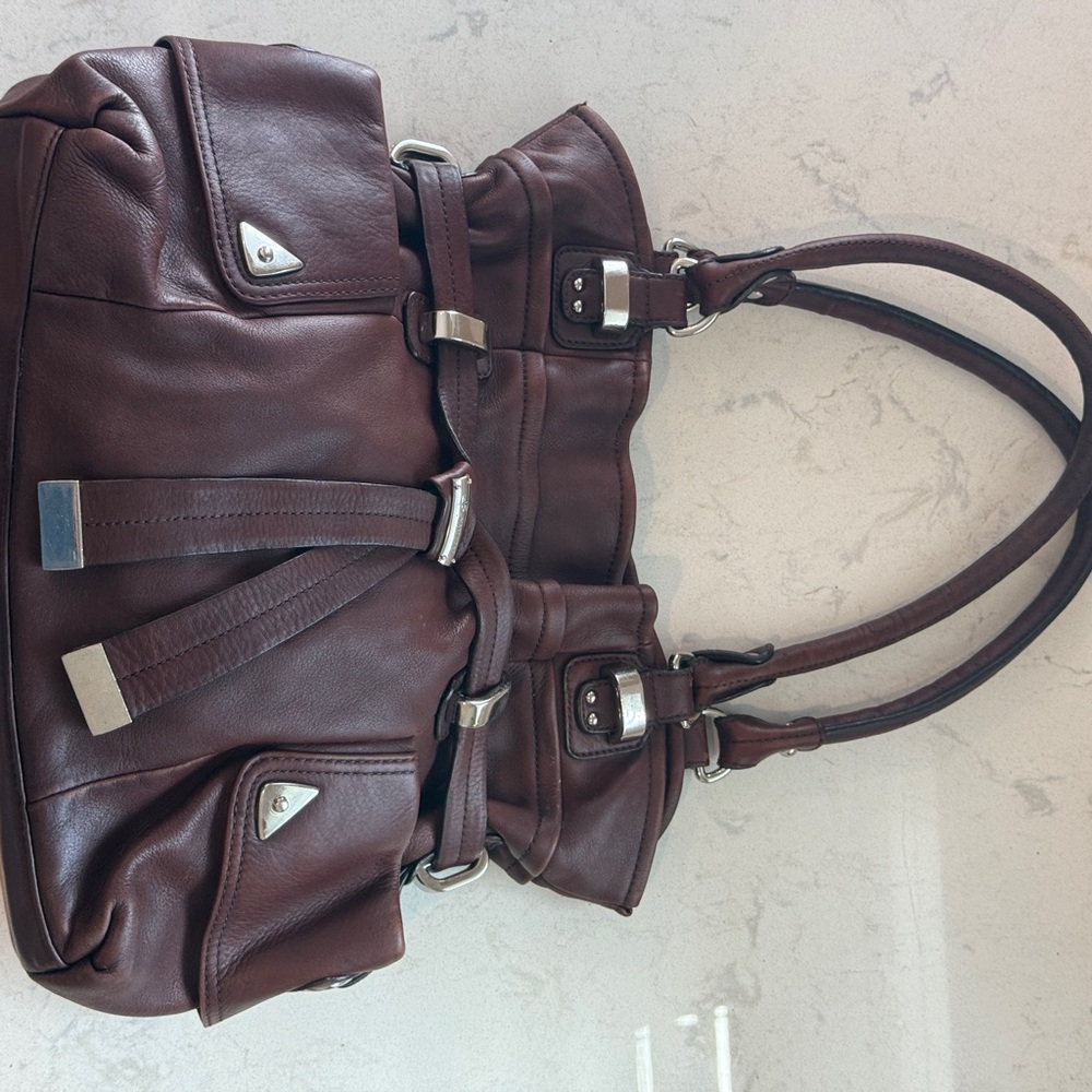 B Makowsky Brown Leather Handbag with Silver Accents